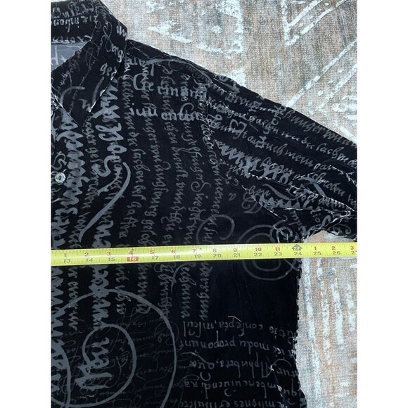 Vintage 90s Black Velvet Burnout Script Print Top Silk Blend Semi Sheer Boho L - Picture 14 of 16